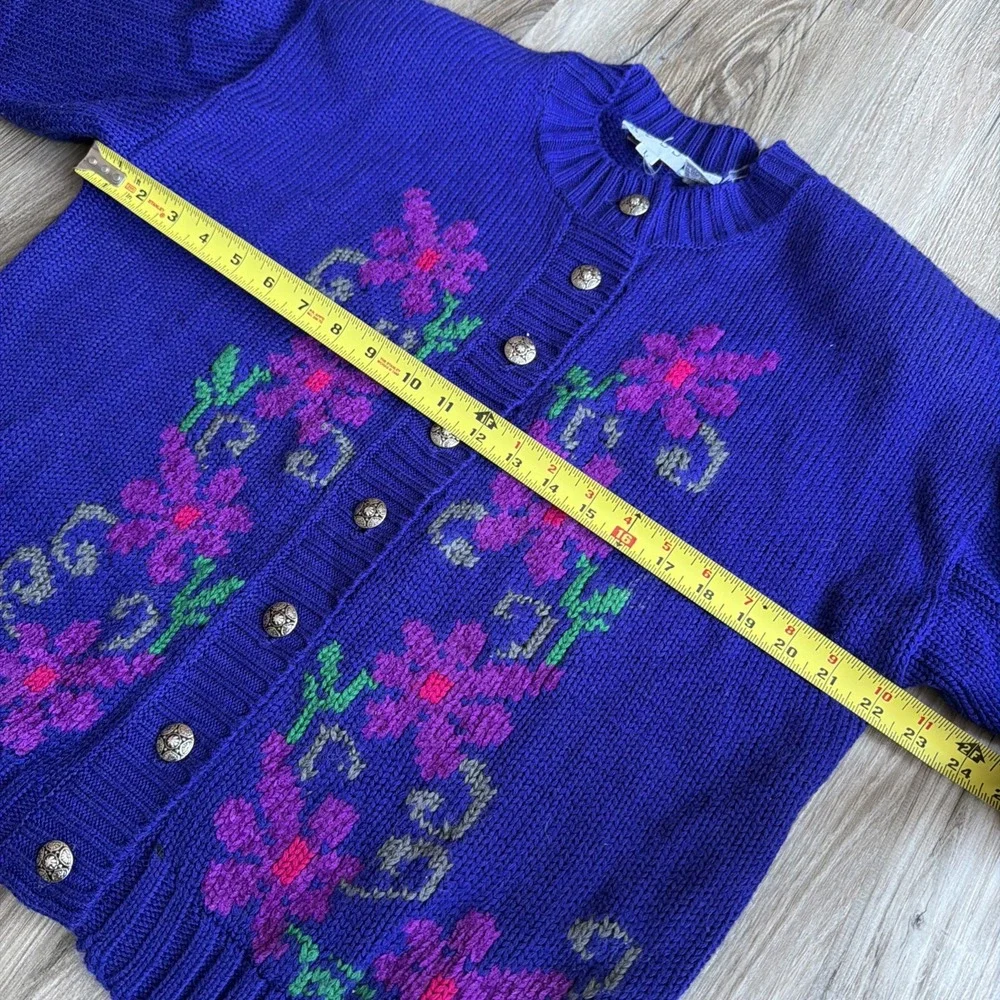 Vintage Ms Russ Purple Flower Silver Button Acrylic Wool‎ Cardigan Sweater Sz L